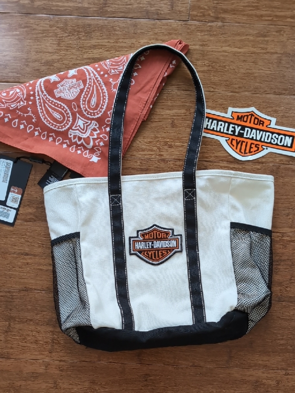 Bundle Of Harley-Davidson Bar & Shield Beach Tote Bag, Handkerchief & Sticker
